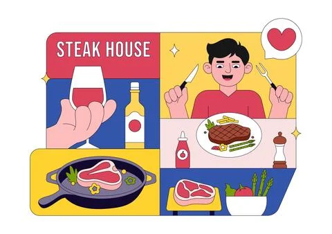 Steakhouse Restaurant Vector Illustration With Chef Grilling Beef Steak, Ba.. Stock Illustration