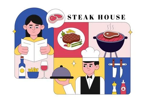Steakhouse Restaurant Vector Illustration With Chef Grilling Beef Steak, Ba.. Stock Illustration
