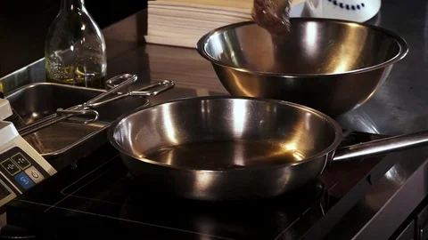 Steaks are cooked in a skillet Stockbeeldmateriaal 82279678