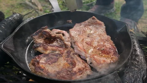 Steaks being grilled on open fire in cast-iron skillet Stock Footage 327324285