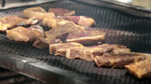Steaks cooking outside BBQ P HD 0307 Stock Footage 11194767