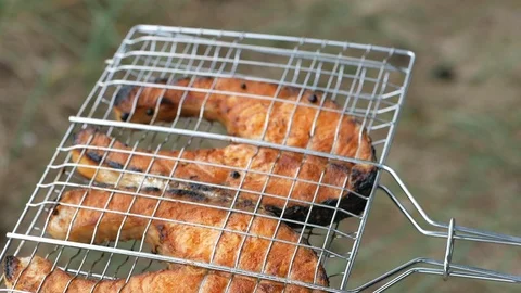 Steaks from salmon on a grill Stock Footage 114026411