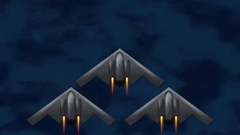 Stealth Bomber Aircraft Flying in Formation Over Dark Night Clouds Stock Footage 332109683