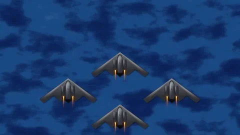 Stealth Bomber Aircraft Flying in Formation Over Dark Blue Clouds Stock Footage 336520804