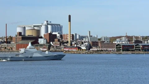 Stealth corvette exercise outside harbor Stock Footage 87391254