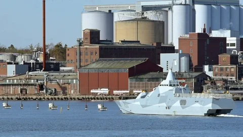 Stealth corvette exercise outside harbor Stock Footage 87391776