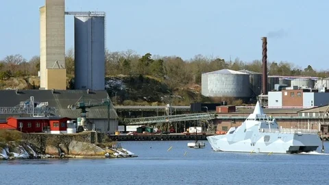 Stealth corvette exercise outside harbor Stock Footage 87391803