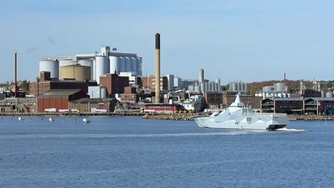 Stealth corvette exercise outside harbor Stock Footage 87391824