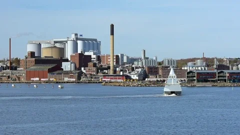 Stealth corvette exercise outside harbor Stock Footage 87391826