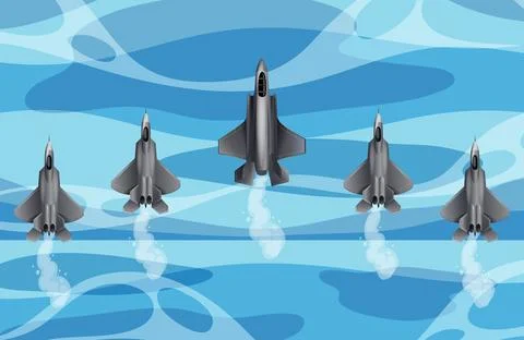 Stealth Fighter Jet Formation Flying Over Blue Ocean Water Aerial View Ilustração Stock