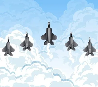 Stealth Fighter Jets Flying in Formation Over White Clouds Vector Illustratio Stock Illustration