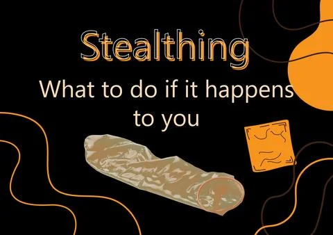 Stealthing. What To Do If It Happens To You? Used condom and illustrations .. Stock Illustration