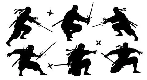 Stealthy Ninja Pose and Weapon Silhouette Collection Stock Illustration