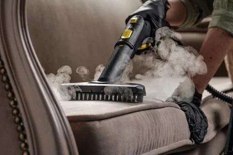 Steam brush sanitizing fabric sofa cushion during professional upholstery c.. Stock Photos