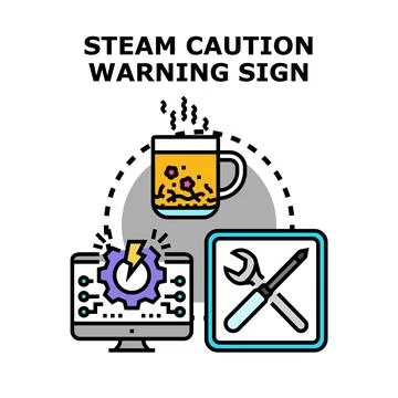 Steam caution warning sign on computer maintenance hazard 库存插图
