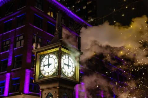 Steam Clock during a dark winter night in Gastown Stock Photos