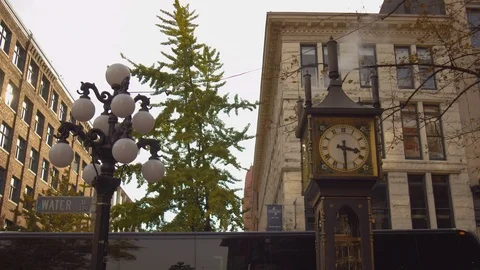 Steam Clock running steam and sound at 3:30PM in Gastown Stock Footage 99025293