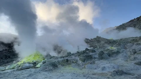 Steam clouds billowing from active volcano vents Stock Footage 221888124