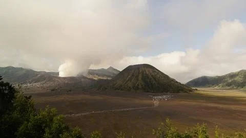 Steam clouds coming out from Mount Bromo 스톡 사진