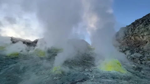 Steam clouds rising from active volcano vents Stock Footage 221888081