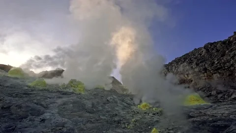 Steam clouds rising from active volcano vents, Japan Stock Footage 221888299