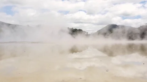 Steam coming from a hot spring in New Zealand, geothermal wonderland Wai-O-Tapu Stock Footage 80060641