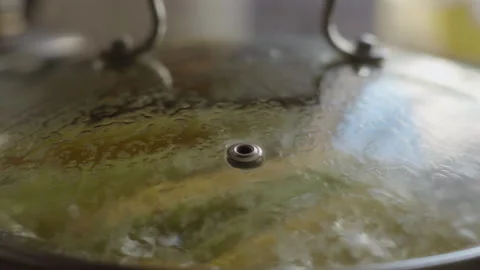 Steam coming from under the lid of the pot in which the corn is cooked Stock-Footage 337118721