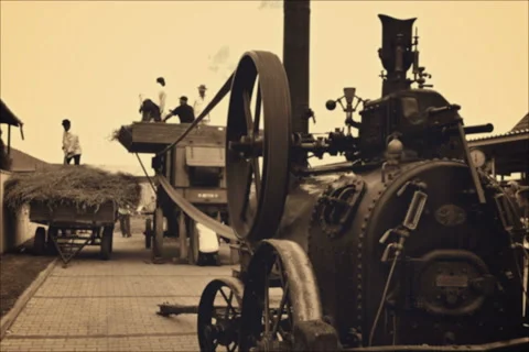Steam engine in agricultural work Stock Footage