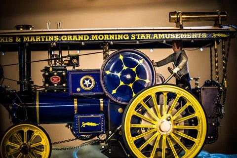  steam-engine MILDENBERG, GERMANY - MAY 05: model of a blue and yellow ste... Stock Photos