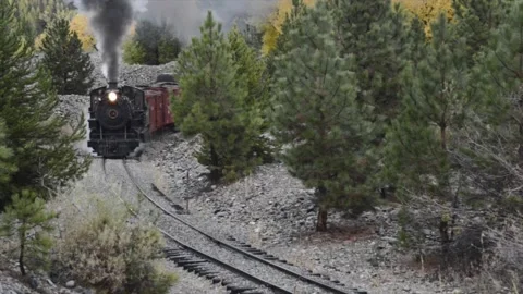 Steam engine rounds a curve, Sumpter Valley Railway, Oregon Stock Footage 150914949