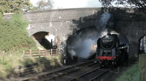 Steam Engine starting up under a bridge Video stock 42882625