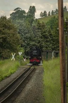 Steam engine train with passengers in summer day near Neudorf in Germany Stock Photos