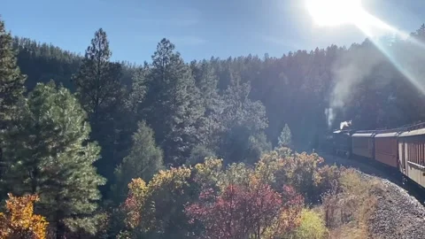 Steam Engine Train running in forest and mountains Stock Footage 274865522