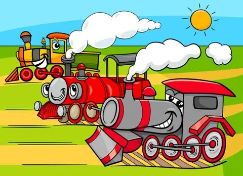 Steam engine vehicles cartoon characters group Illustrazione stock
