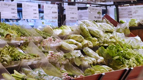 Steam generator moisturizes fresh basil onions, green parsley and dill in a Stock Footage 131813202