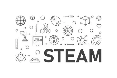 STEAM horizontal minimal vector line illustration. Science, technology, eng.. イラスト素材