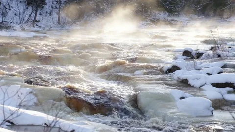 Steam Leaving a River on a Very Cold Day Stock Footage 73126057