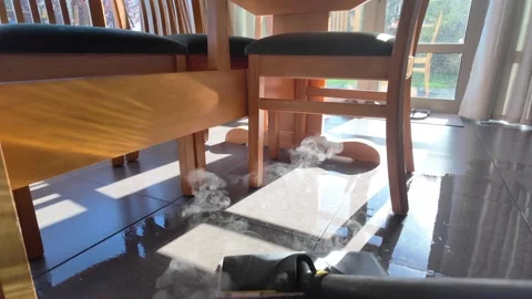 Steam mop cleaning gray tile floor Stock Footage 328904983