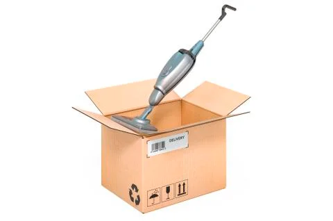 Steam mop inside cardboard box, delivery concept. 3D rendering Illustrazione stock