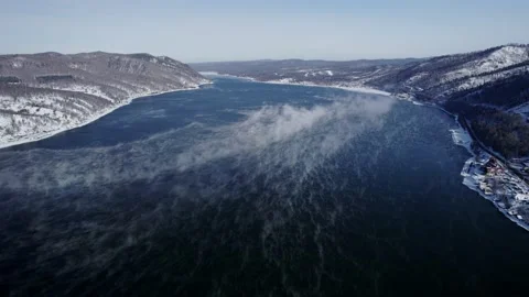 Steam over the river in winter Stock Footage 222771455