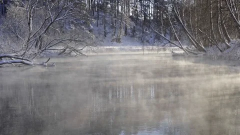 Steam over the water in winter Stock Footage 71422355