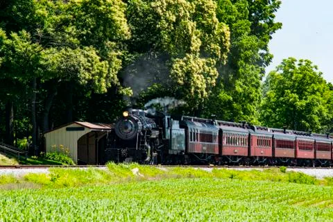 Steam Passenger Train Pulling into Picnic Area Stock Photos