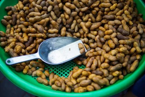 A steam peanuts in a green plastic container Stock Photos