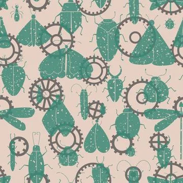 Steam punk vector seamless pattern with grunge vintage insects, cogwheels Stock Illustration