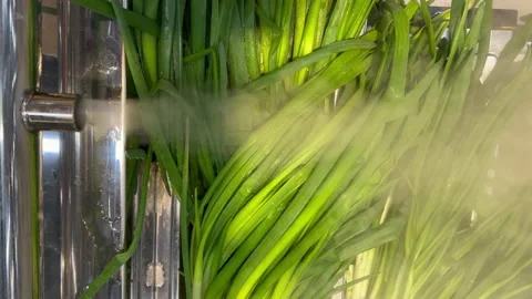 Steam release system above the vegetable counter Video stock 177109023