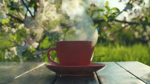 Steam rises from a pink coffee cup placed on a wooden table surrounded by Stock Footage 334720373