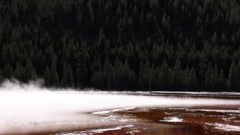 Steam Rising Off Large Hot Spring With Evergreen Trees In Background Slow Stock-Footage 145822737