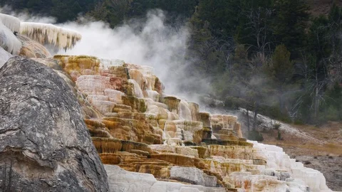 Steam rising over the travertine formation from Mammoth Hot Springs 스톡 동영상 128030799