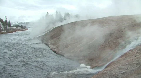 Steam rising over Yellowstone River Stock Footage 119341