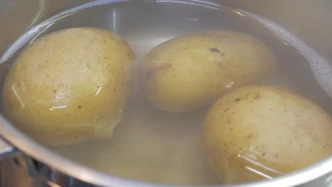 Steam Rising From Pot of Boiling Potatoes on Home Kitchen Stove Stock-Footage 337955090